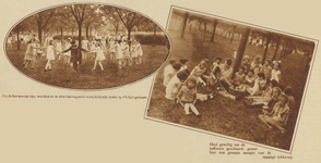 873140 Collage van 2 foto's betreffende de jaarlijkse 'kersensmulpartij' voor zo'n 500 kinderen van de Zondagsschool ...